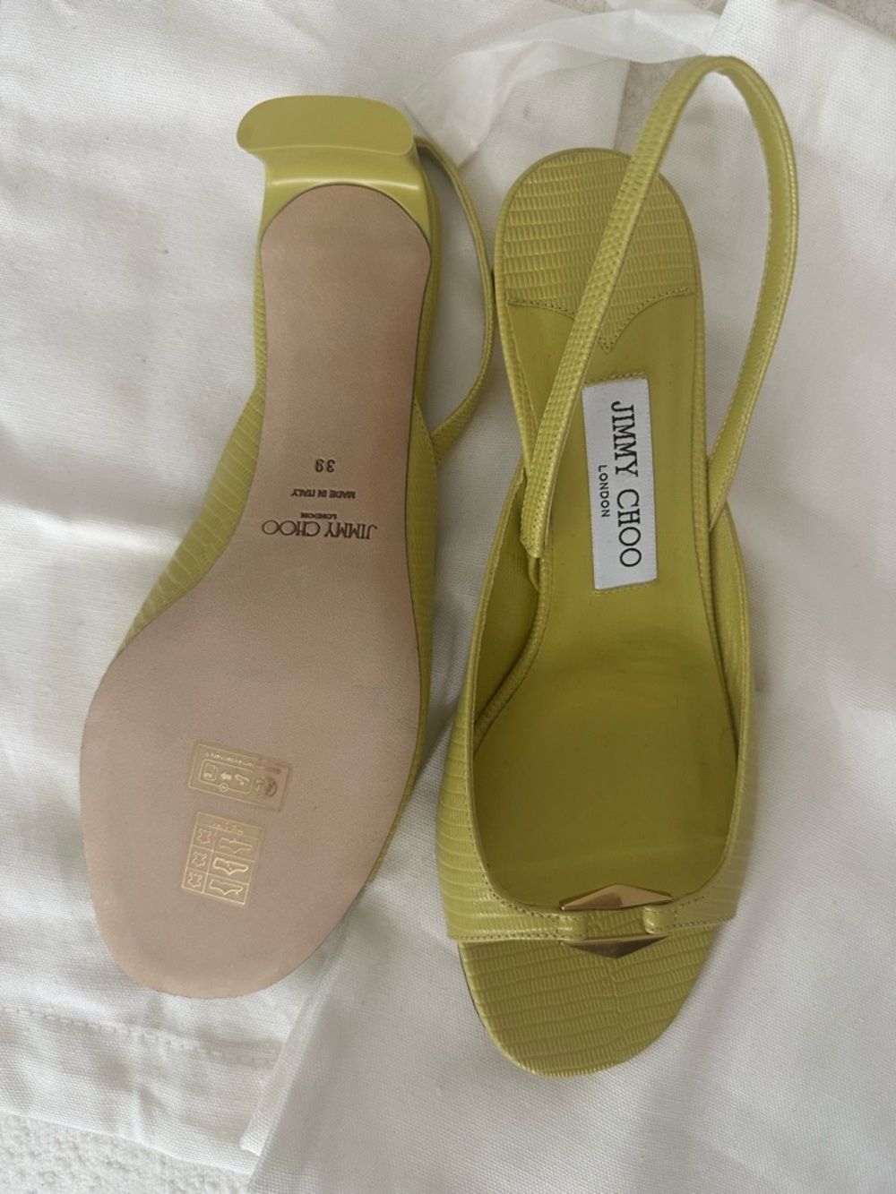 Jimmy Choo Yellow-Green Slingback Mules with Gold Accent - Picture 2 of 3